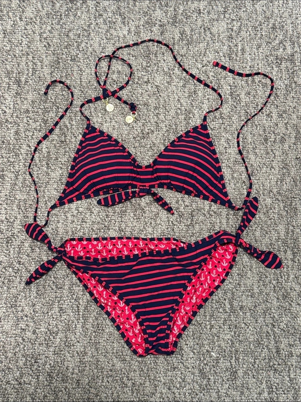 Sperry Reversible Stripes/Anchor Print Tie-Side Bikini Red & Blue
